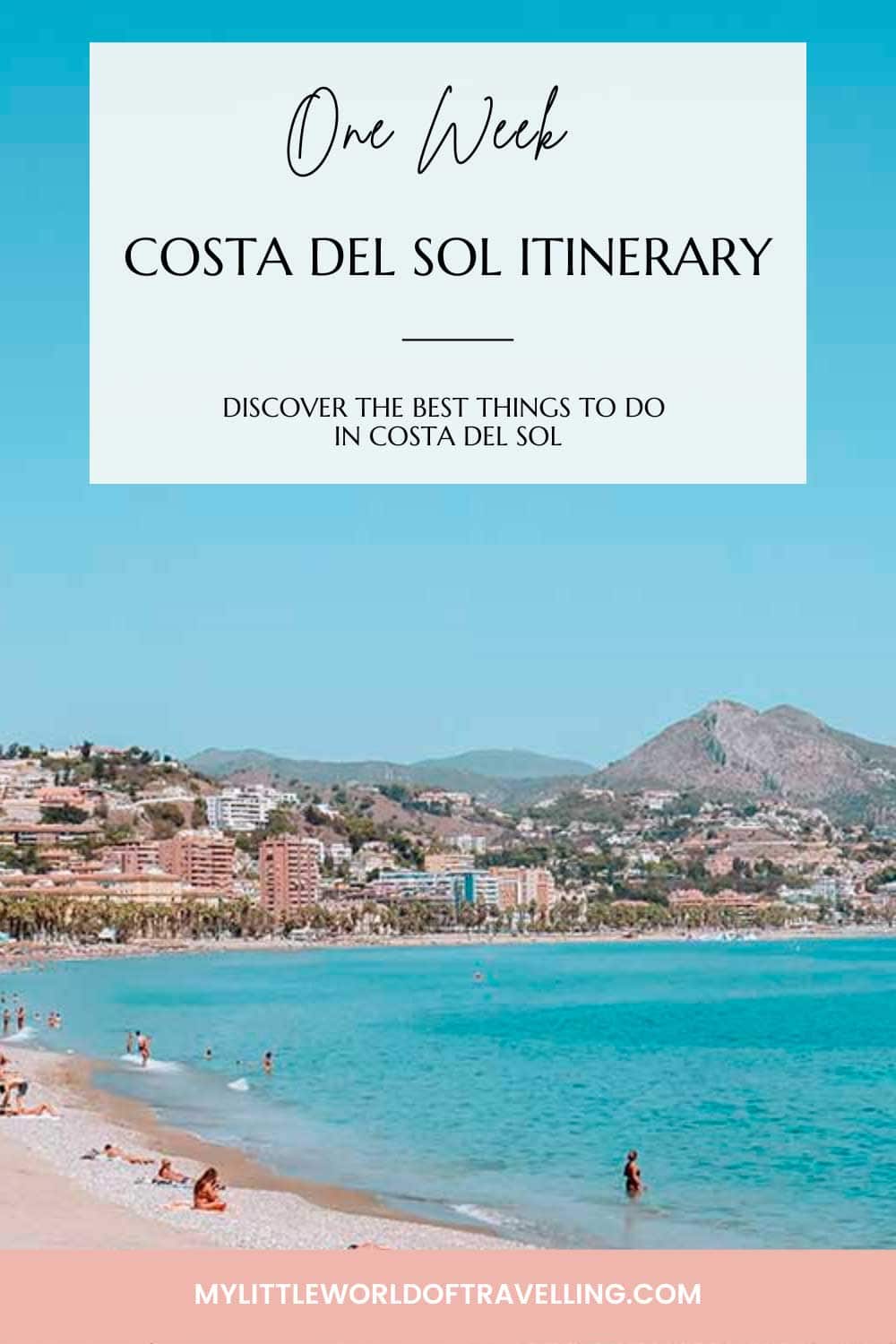 Pinterest pin that reads costa del sol road trip and shows an image of la malagueta beach.