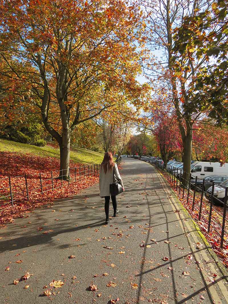 Cristina walking in Knaresborough in autumn