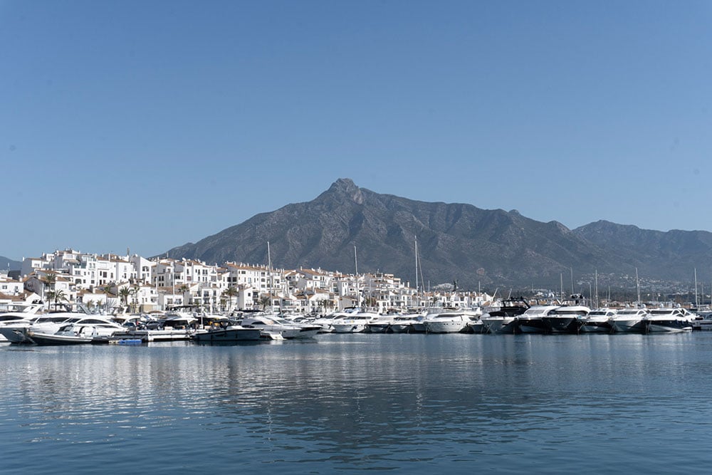 A view of the yachts and Concha Mountain from Puerto Banus, Marbella.