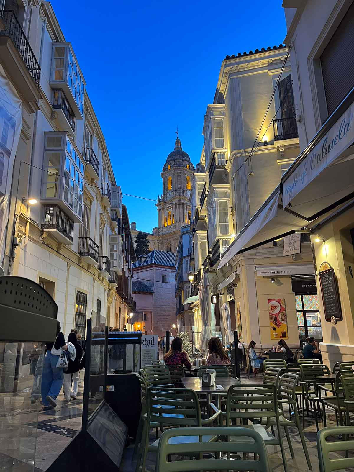 A view of one of the towers of Malaga Cathedral at night.