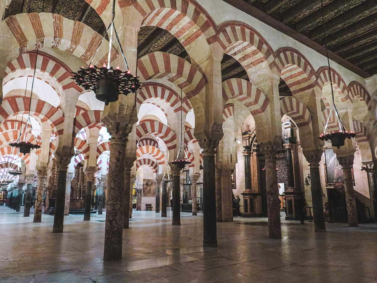 A photo of the double coloured arches in Cordoba Mosque Cathedral.