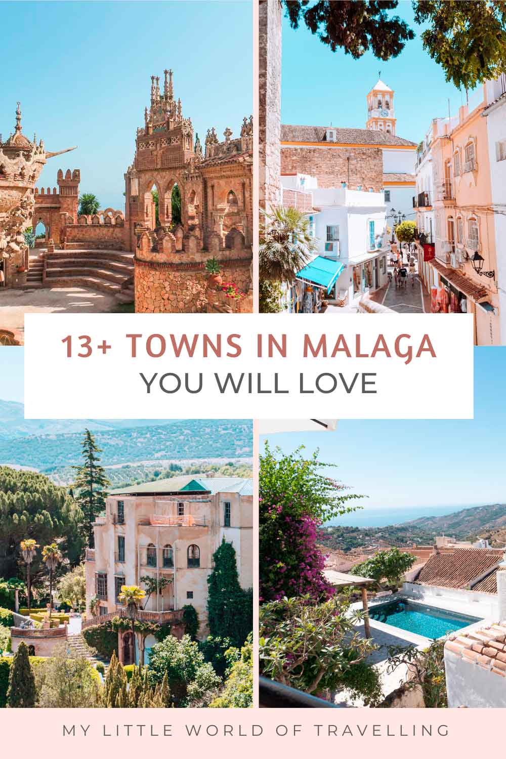 a pinterest pin that reads beautiful towns in malaga spain