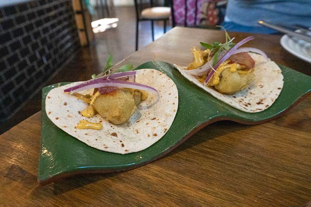 Two fish tacos garnished with red onion and sauce.