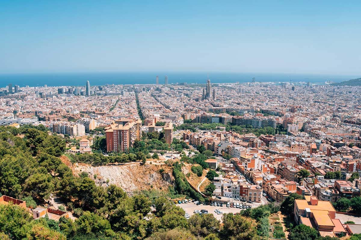 Panoramic View of Barcelona Cityscape from Bunkers del Carmel in Barcelona, Spain.