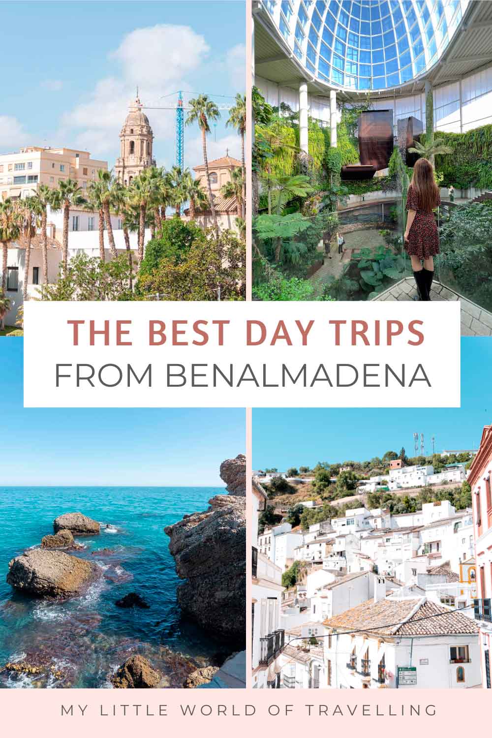 Collage of four photos showing malaga cathedral, nerja beach, orchid house in Estepona and Setenil.