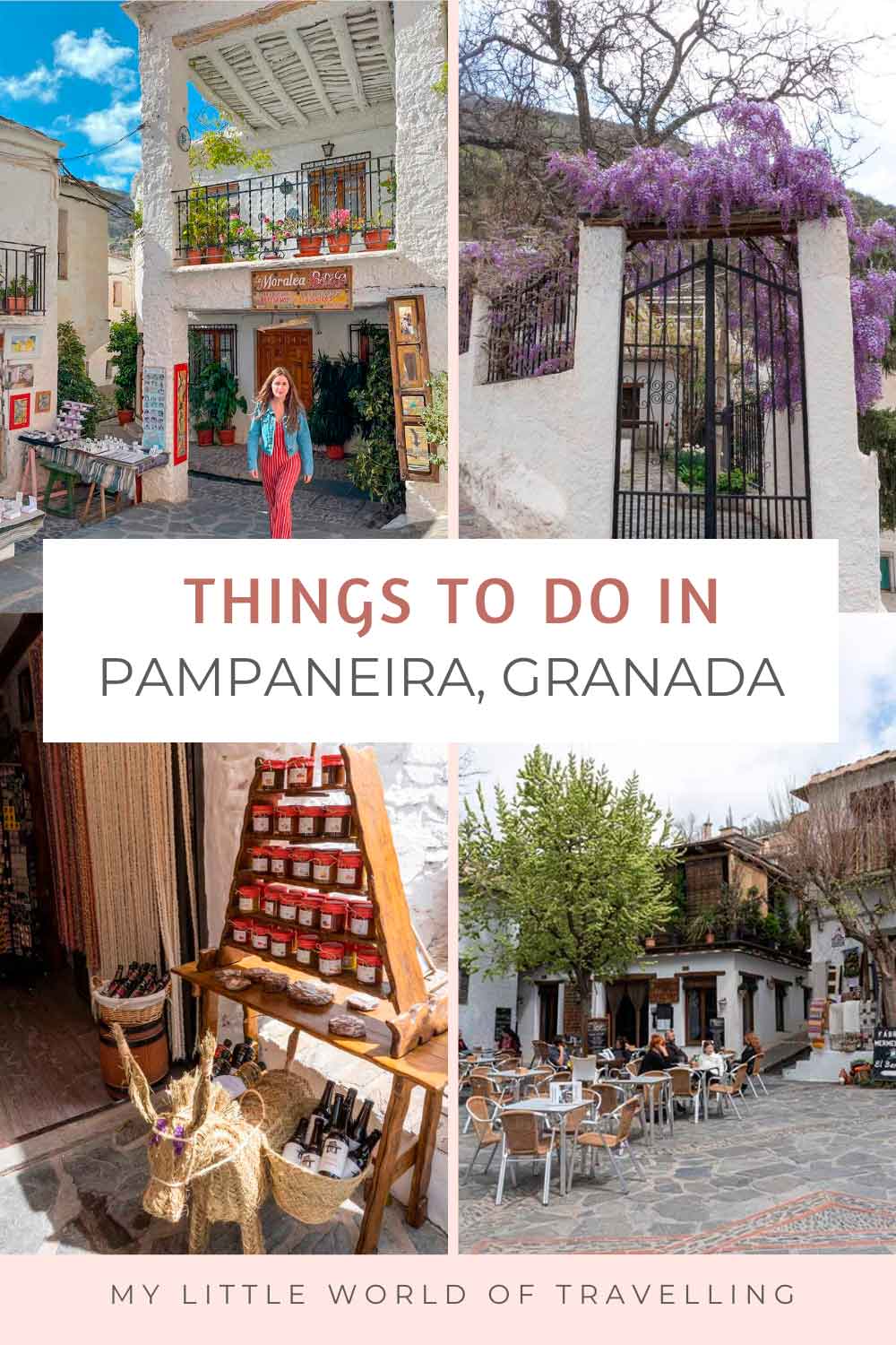 A pin showing a collage of four photos of Pampaneira, a small village in Granada, Spain.