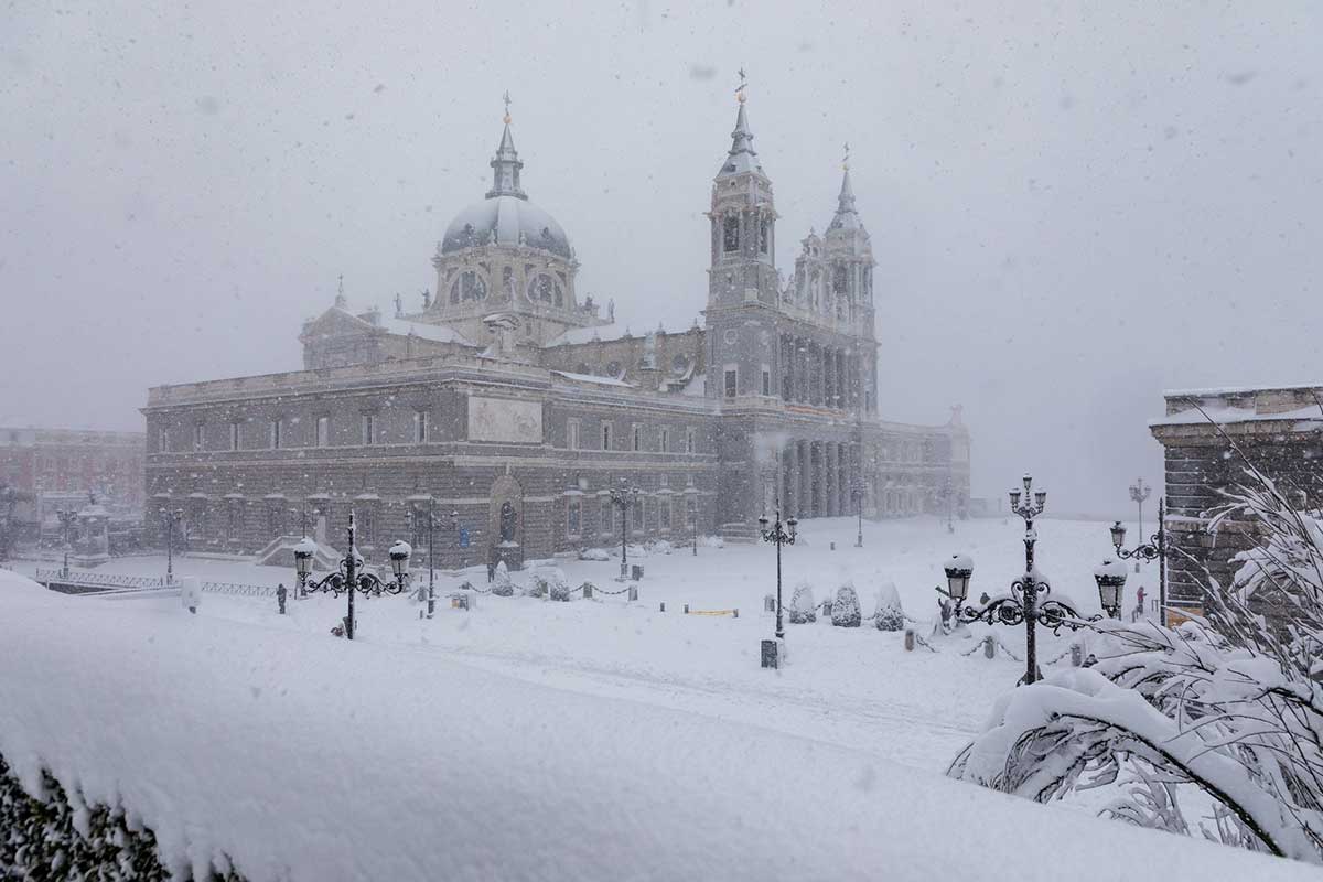Almudena Cathedral in Madrid covered in snow.