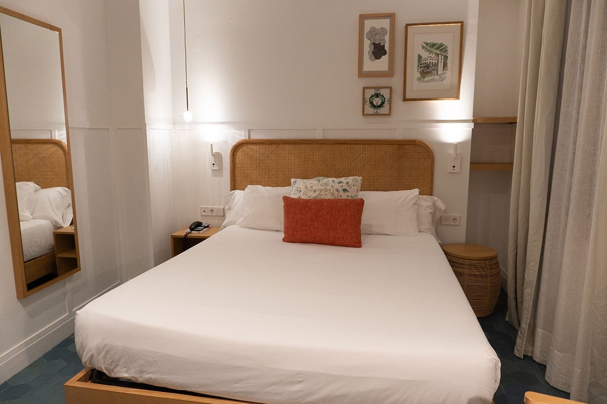 King size bed at a hotel room in Palma de Mallorca, Spain.
