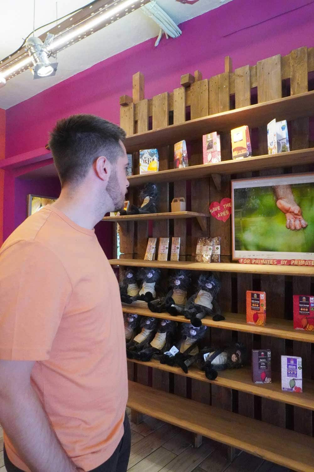 Tom looking at the products in Mayan Monkey Mijas