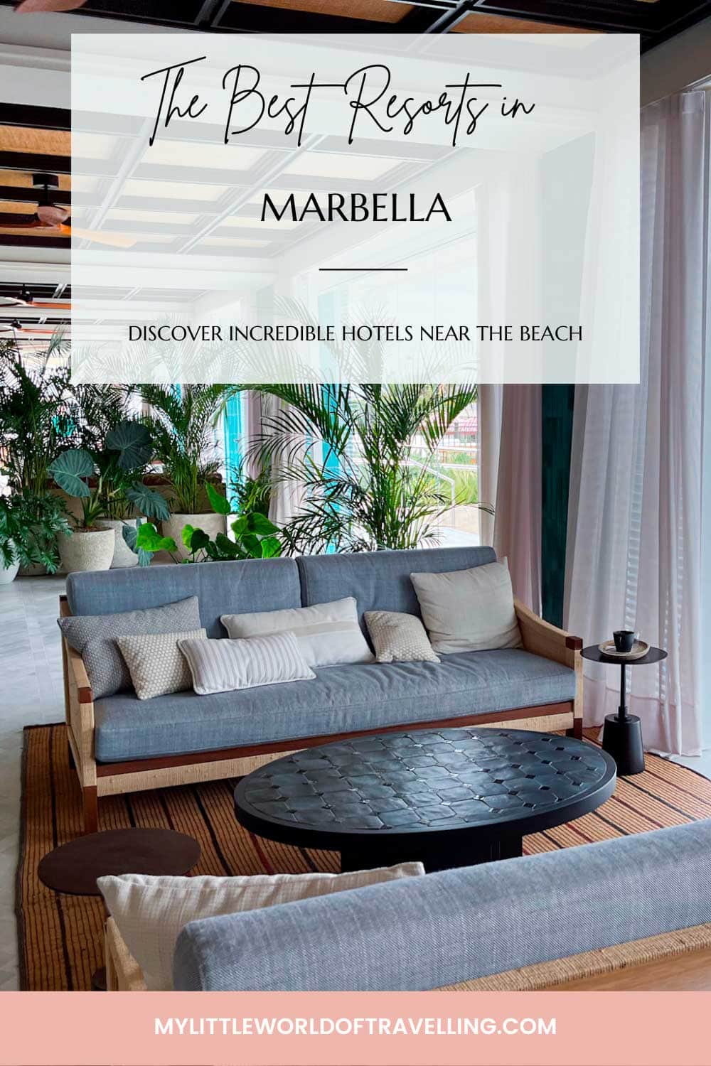 A pin that reads the best beach hotels in Marbella, Spain.