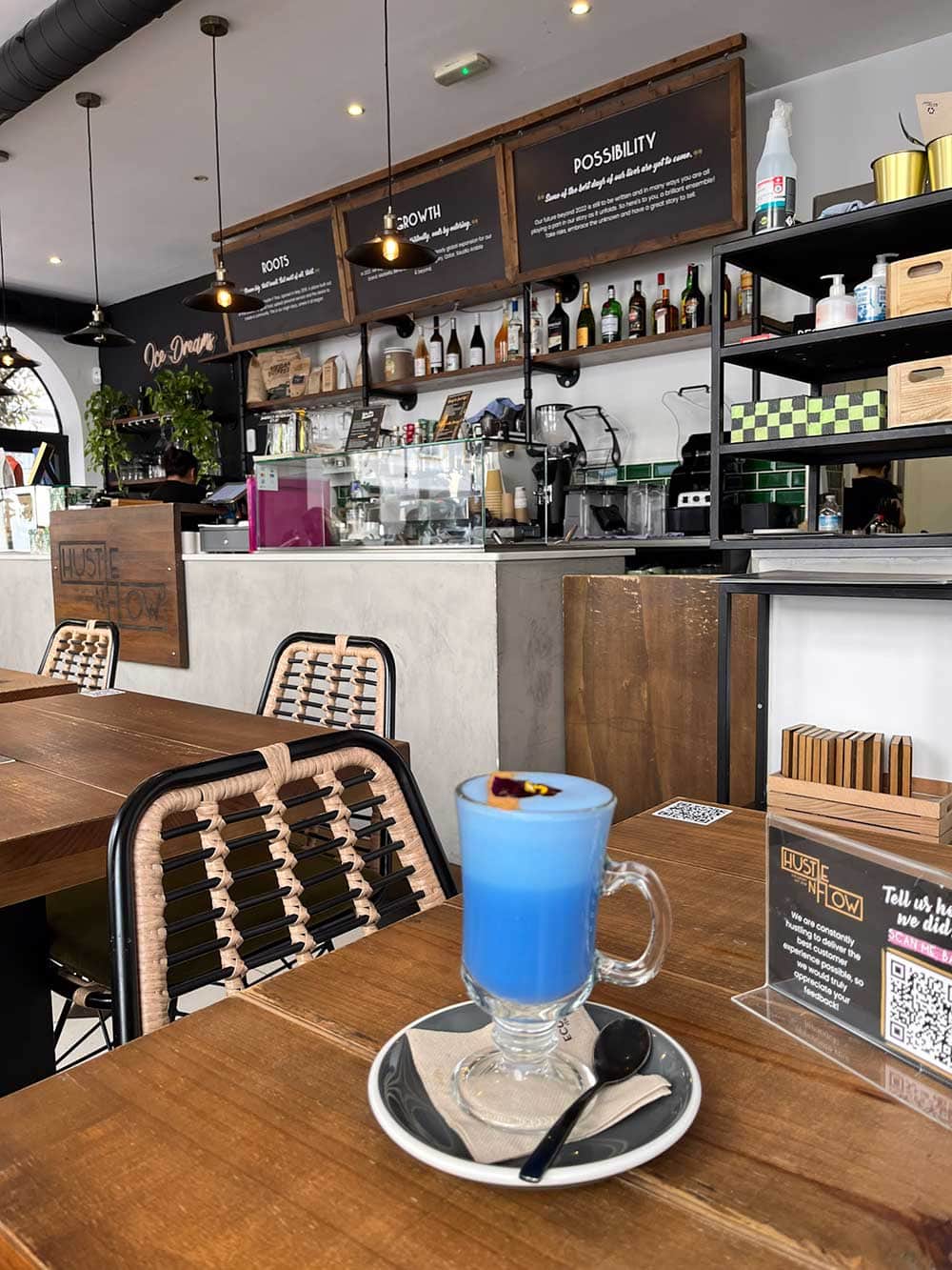 Spirulina drink at Husle and Flow eatery in San Pedro de Alcantara.