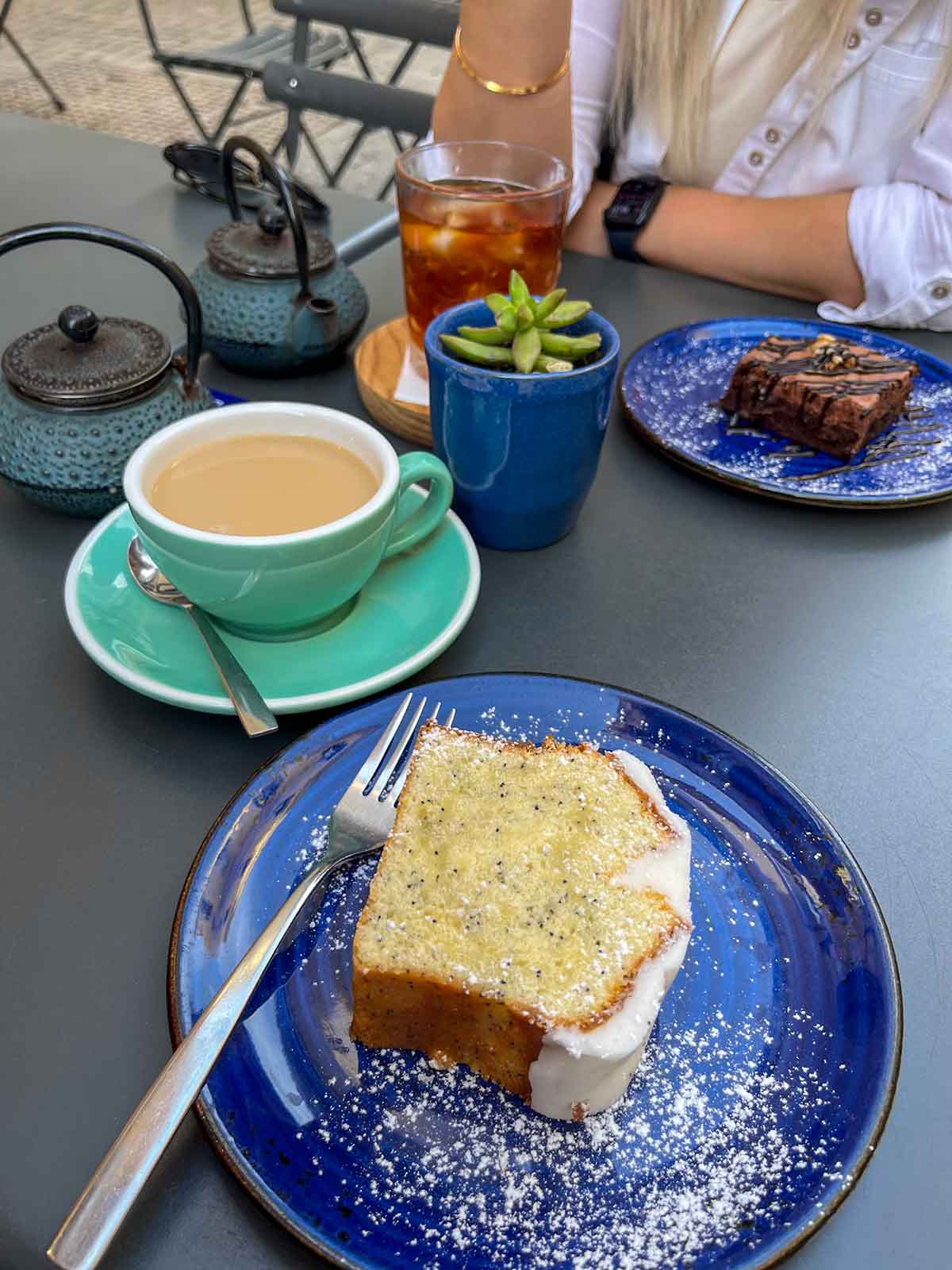 Lemon poppy cake and a chai latte.