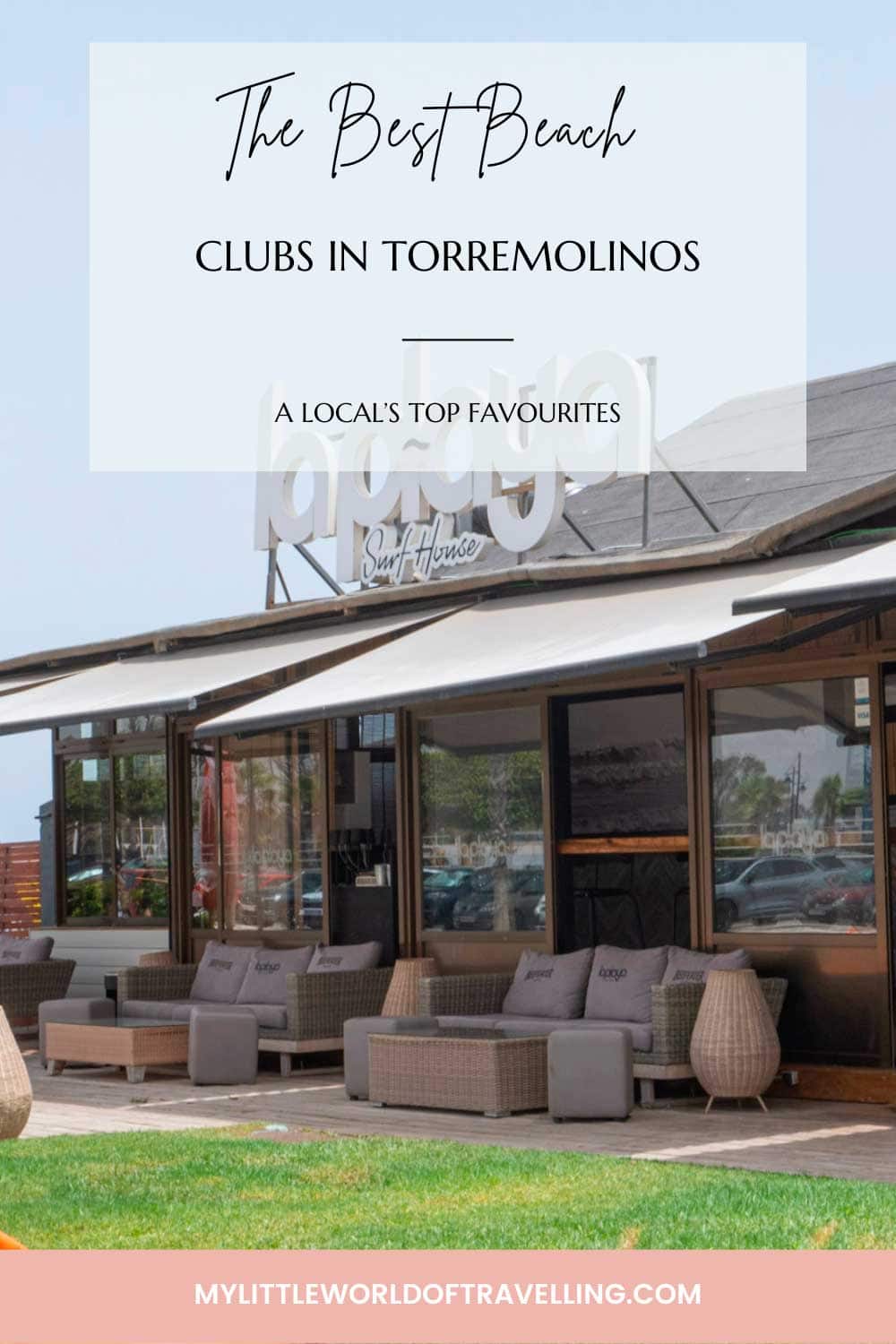 Pinterest pin showing a beach club in Torremolinos, Spain.