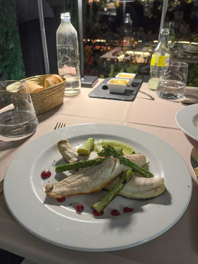 Sea bass with asparagus, courgette and beetroot pure.