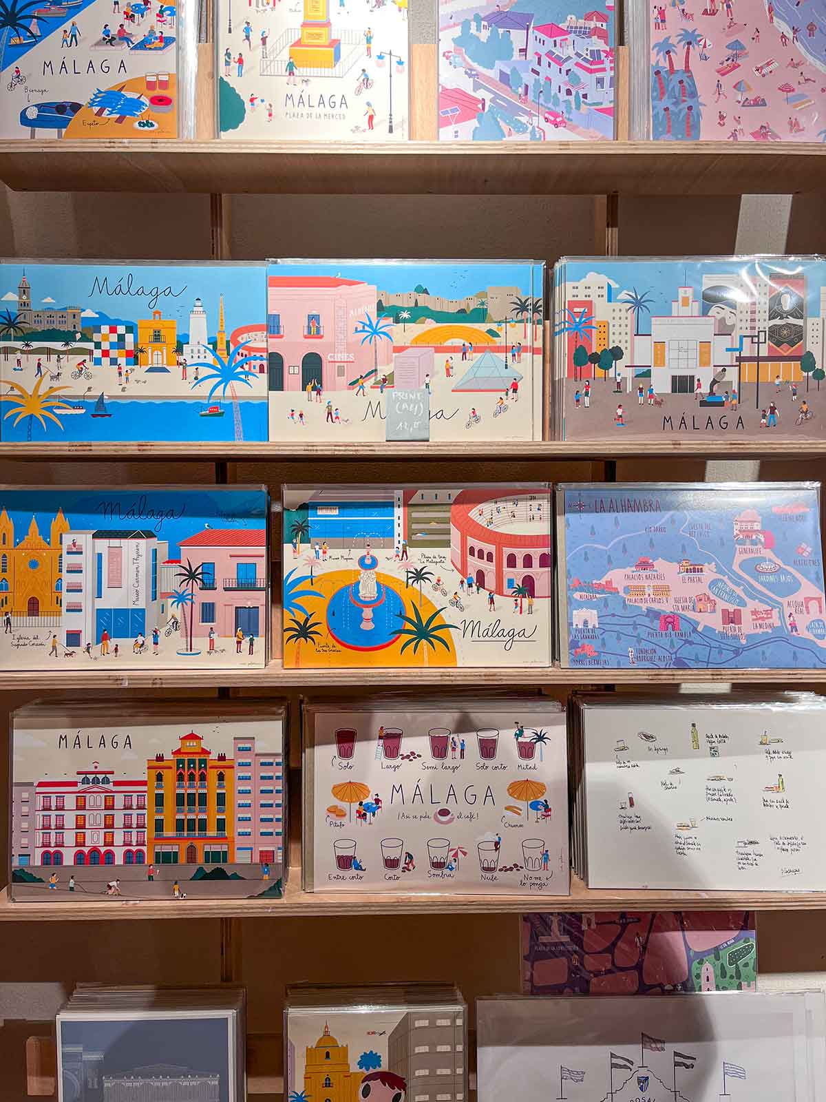 Postcards from Malaga at a souvenir shop.