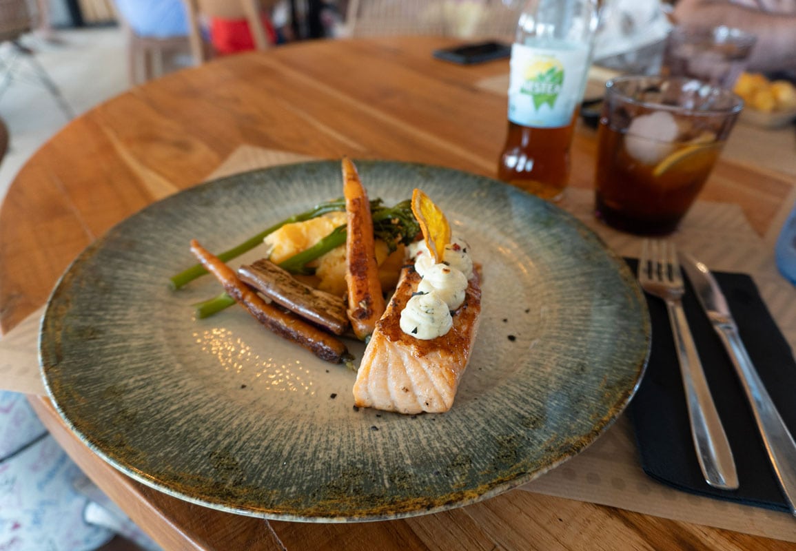 Salmon with vegetables at La Playa Beach Club in Torremolinos.