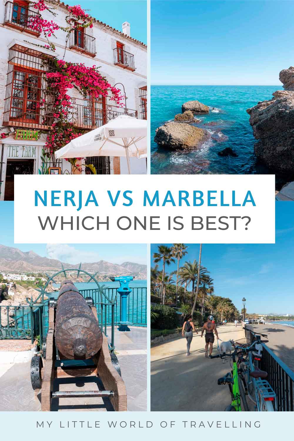 Nerja or Marbella? Why I Choose Marbella over Nerja 1 Pinterest pin that reads Nerja or Marbella travel comparison.