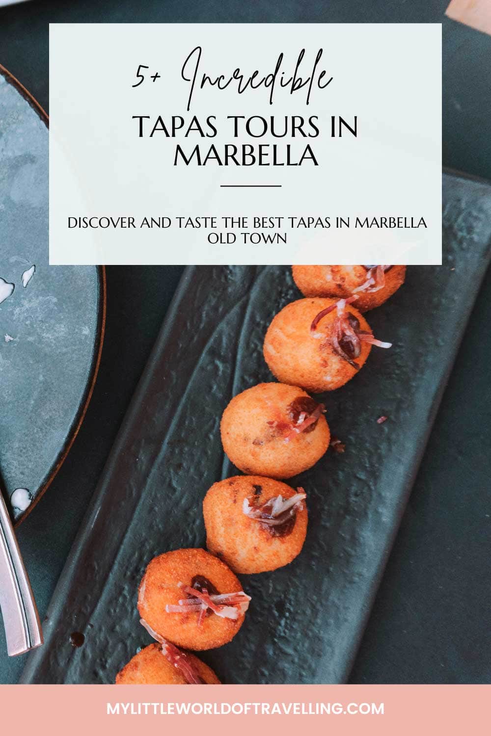 Pinterest pin that reads Marbella tapas tours and shows a photo of ham croquetas.