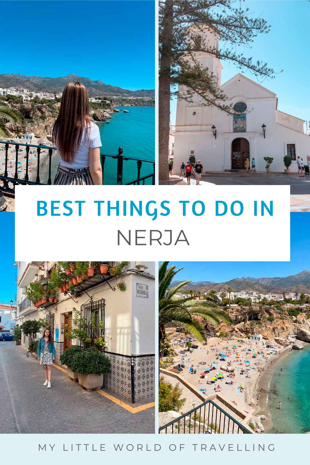 20 Best Things to Do in Nerja (A Local's Guide) 1 Pinterest pin that reads the best things to do in Nerja and shows the town attractions.