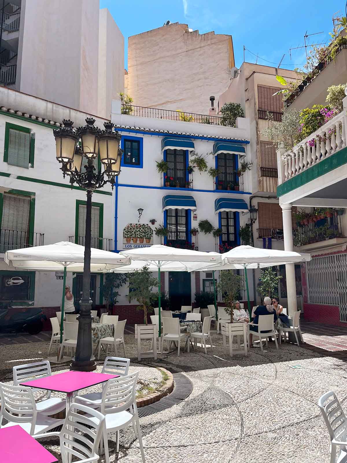 Outdoor seating at Los Geraneos restaurant in Almunecar.