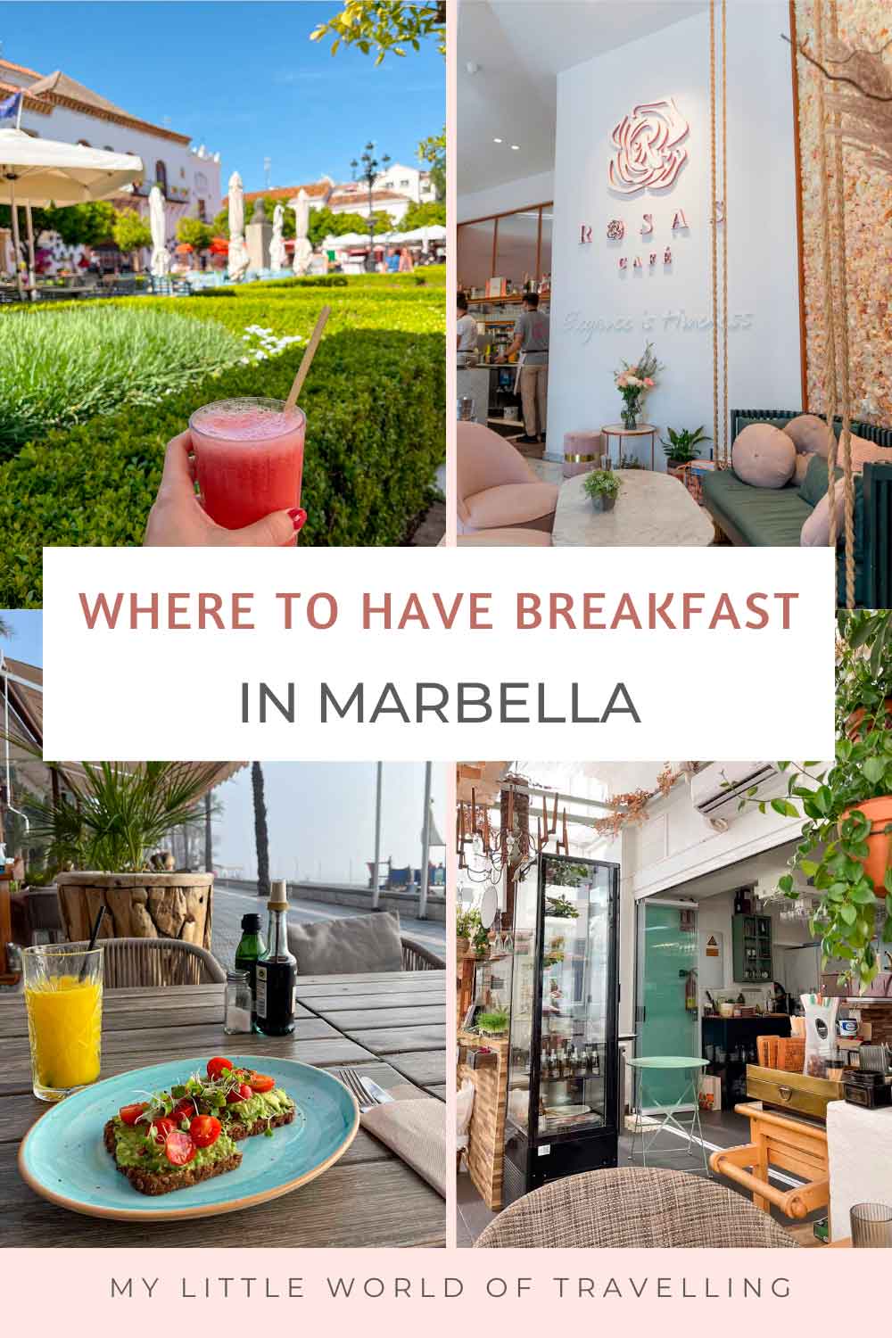Pinterest pin that reads where to have breakfast in marbella and shows four photos of different cafes.
