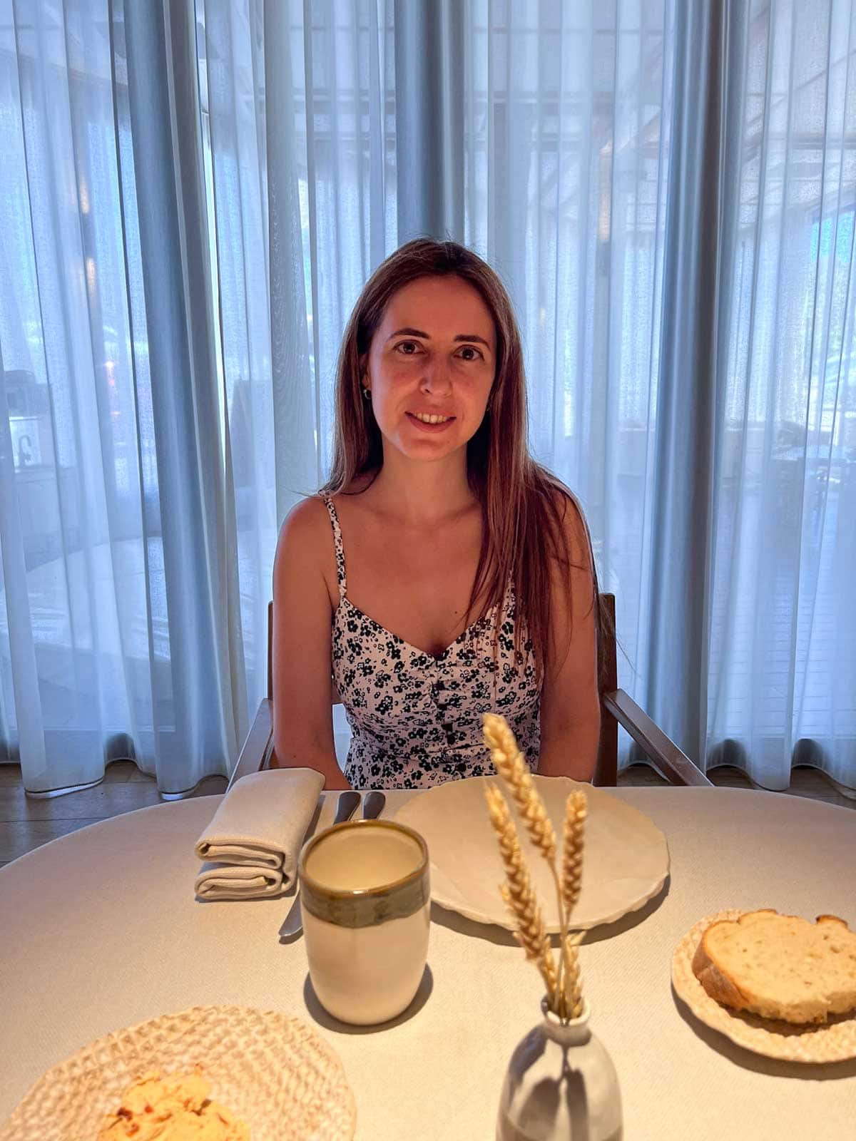 Cristina waiting for her meal at Tragabuches Marbella.