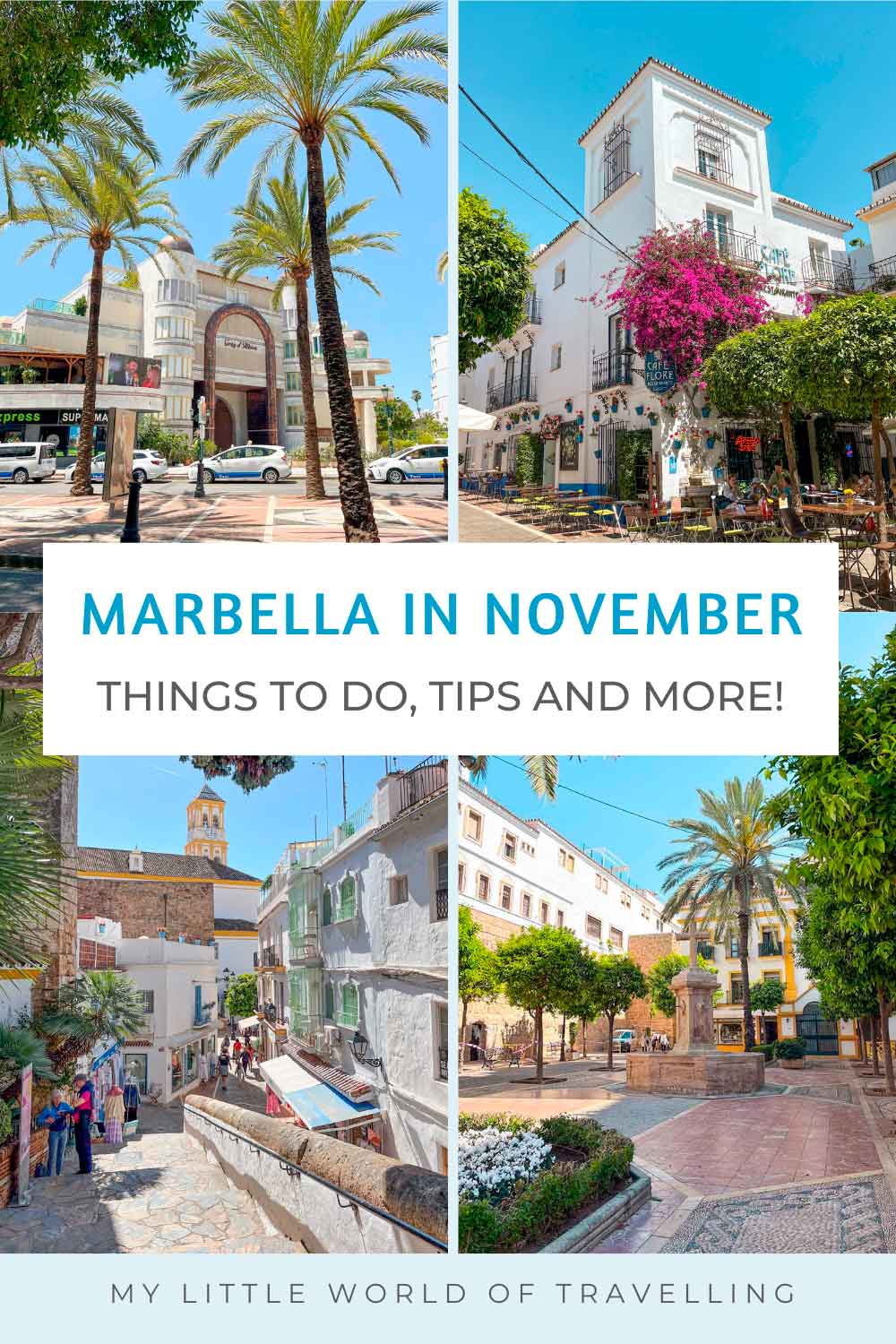 Pinterest pin that shows four places to visit in Marbella in November.