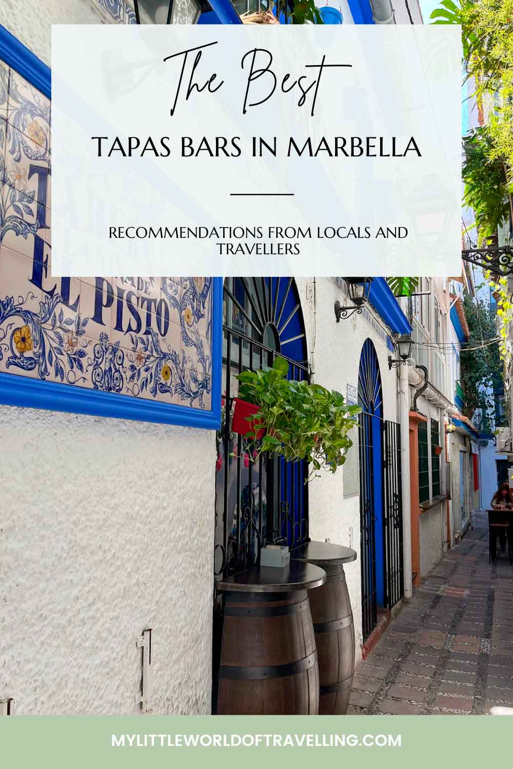 Pinterest pin that shows the facade of one of the best tapas bars in Marbella.