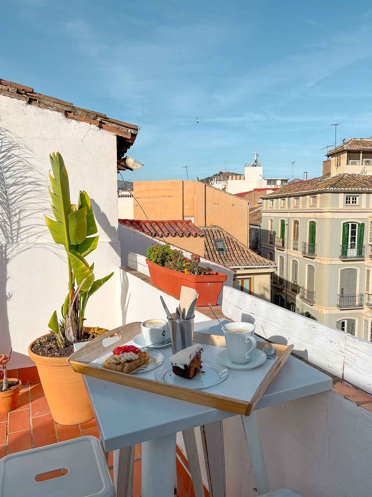 A photo of a white tray with carrot cake and a waffle at Dreams rooftop terrace.