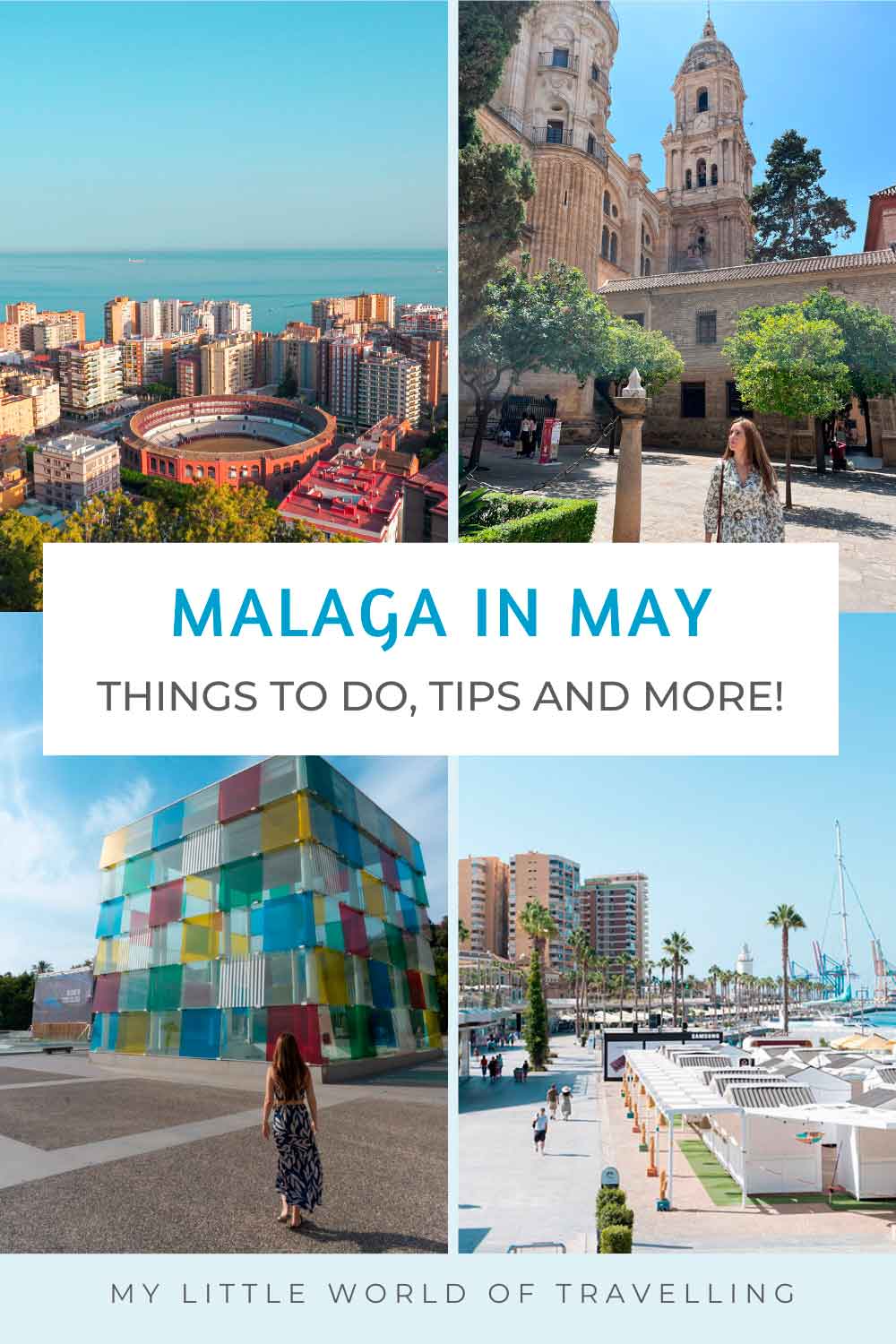 Pinterest pin that shows four photos of attractions in Malaga city centre.