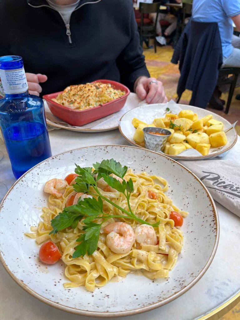 Prawn and tomato pasta at Picasso Pizzeria in Puerto Banus Marbella.