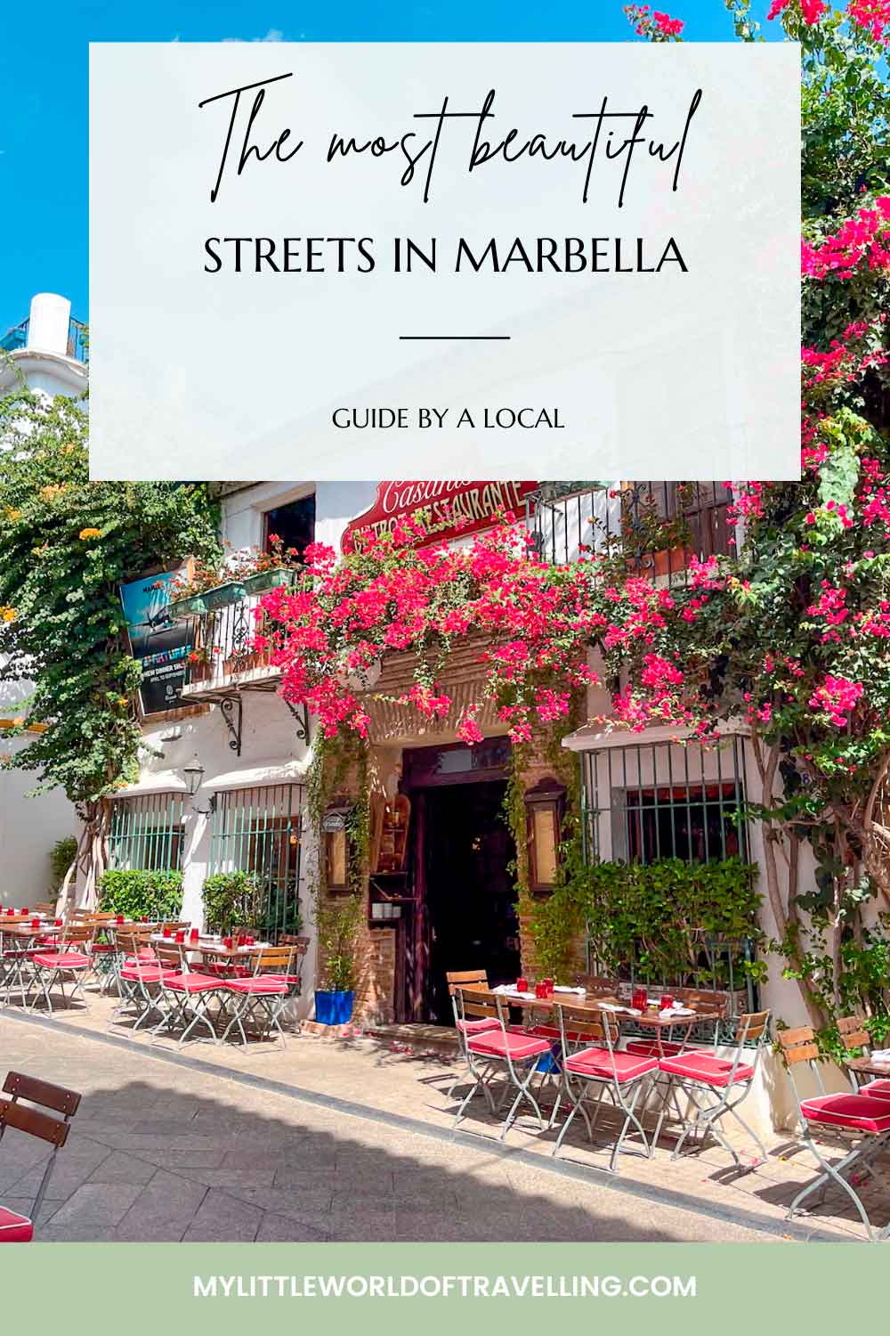 Pinterest pin that shows a beautiful street in marbella, spain.