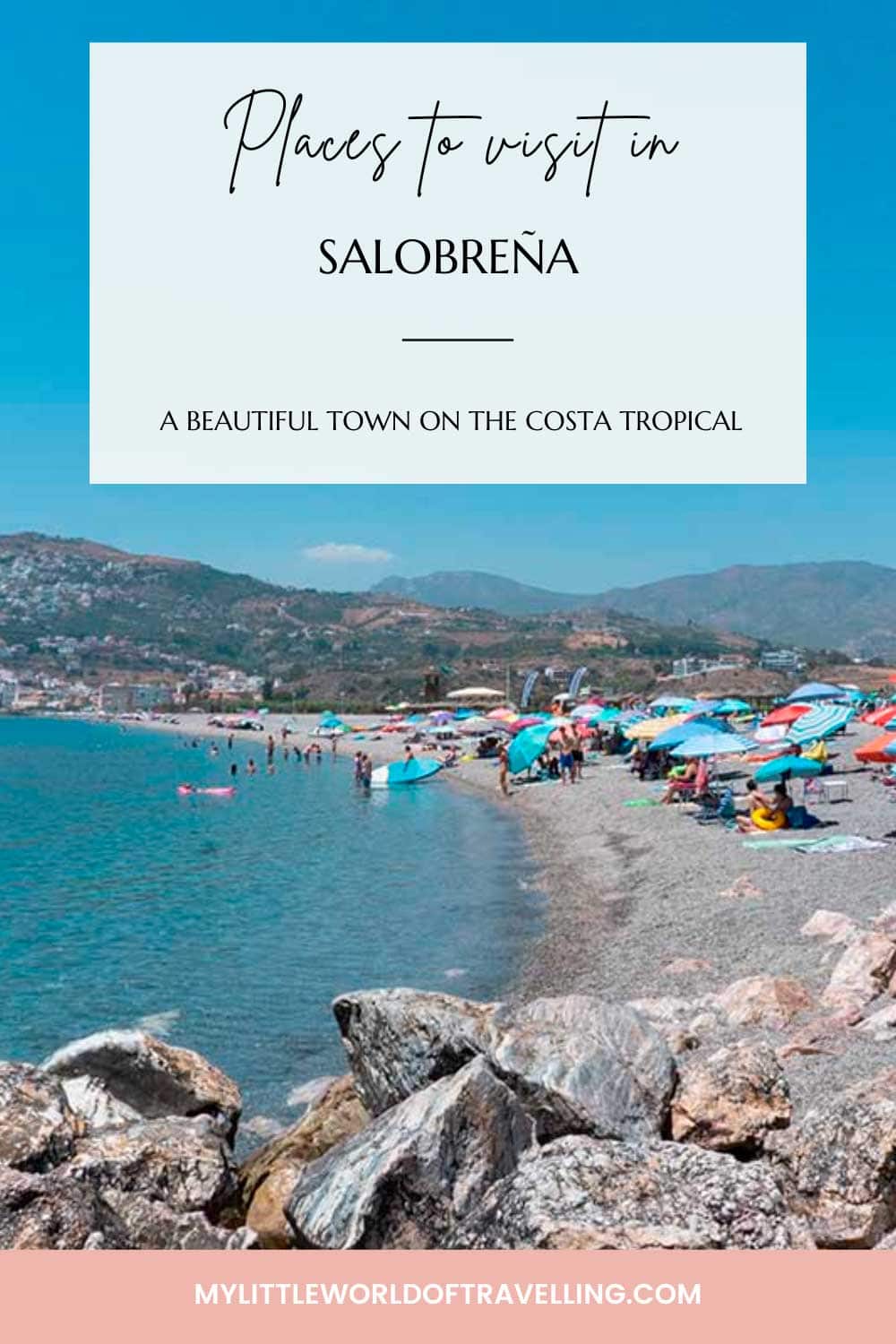 Pinterest pin that shows a beach in Salobreña, Granada, Spain.