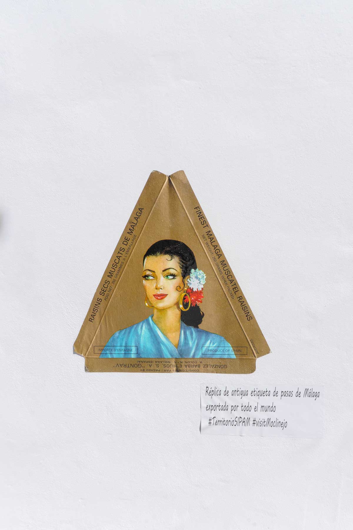 Triangle-shaped vintage-style label painted on a white wall, showing a woman with dark hair, gold hoop earrings, and flowers in her hair, wearing a blue shawl. The label reads 'Finest Malaga Muscatel Raisins' and 'Raisins Secs Muscats de Malaga.' A small note below says, 'Réplica de antigua etiqueta de pasas de Málaga exportada por todo el mundo #TerritorioSIPAM #visitMoclinejo.