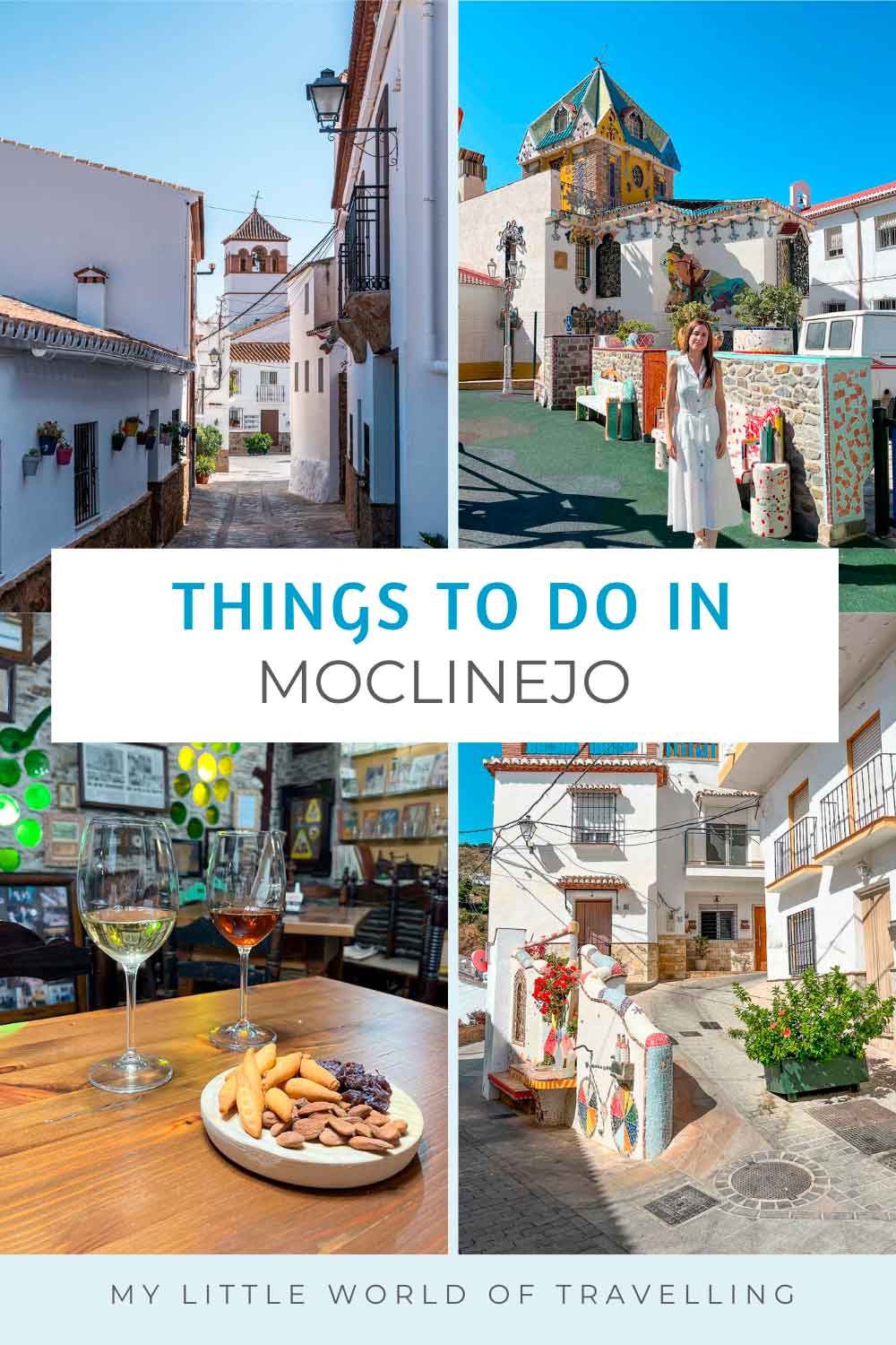 Pinterest pin that shows  a collage with four images of Moclinejo, a town in Malaga.