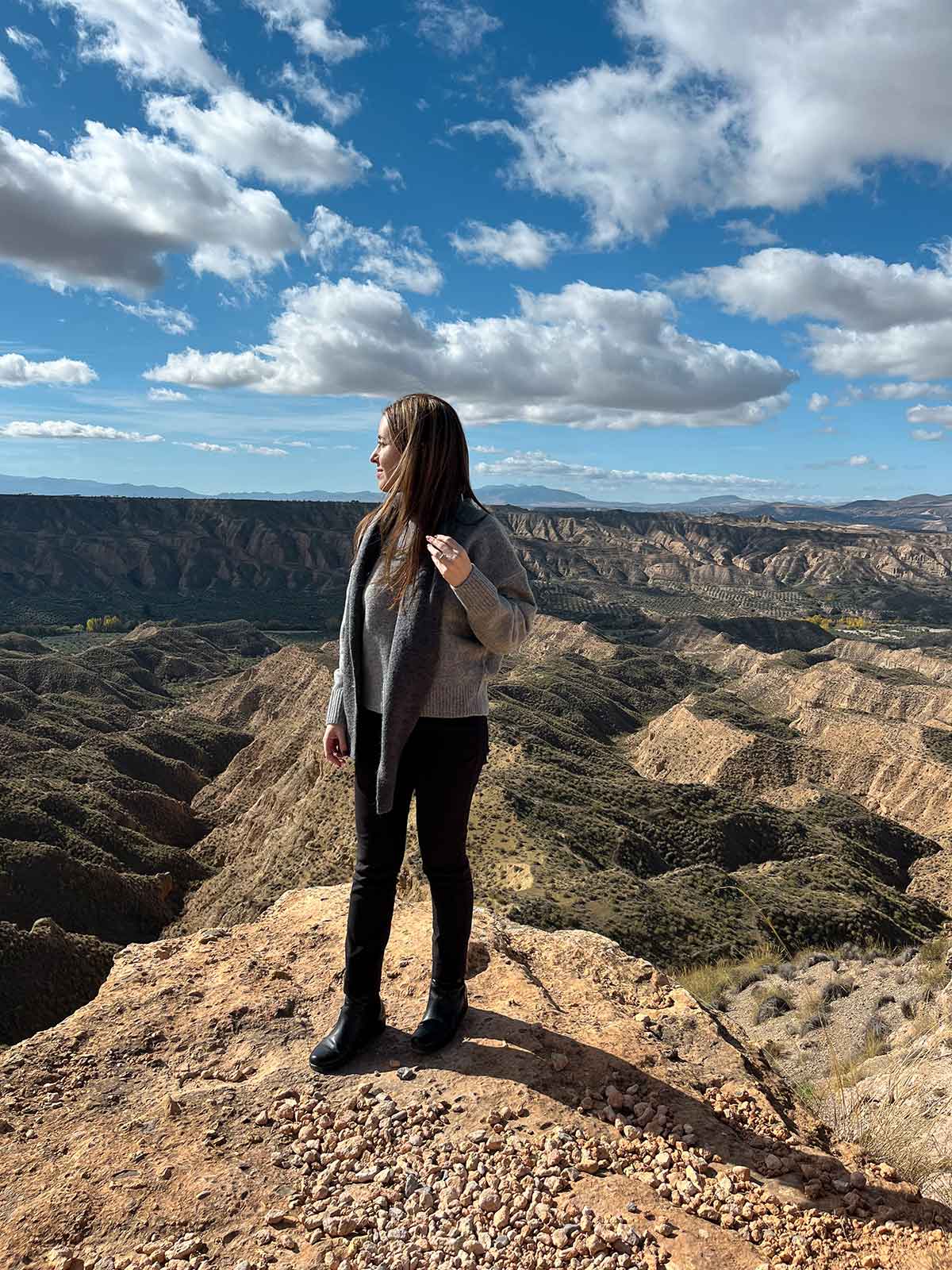 Cristina admiring the views near Mirador Puntal de Don Diego.