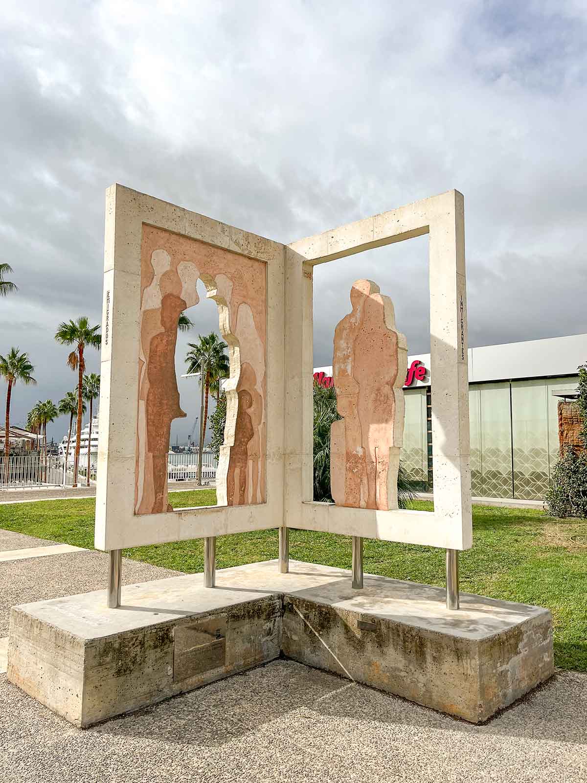 Monument to the immigrants in Muelle Uno, Malaga Port.