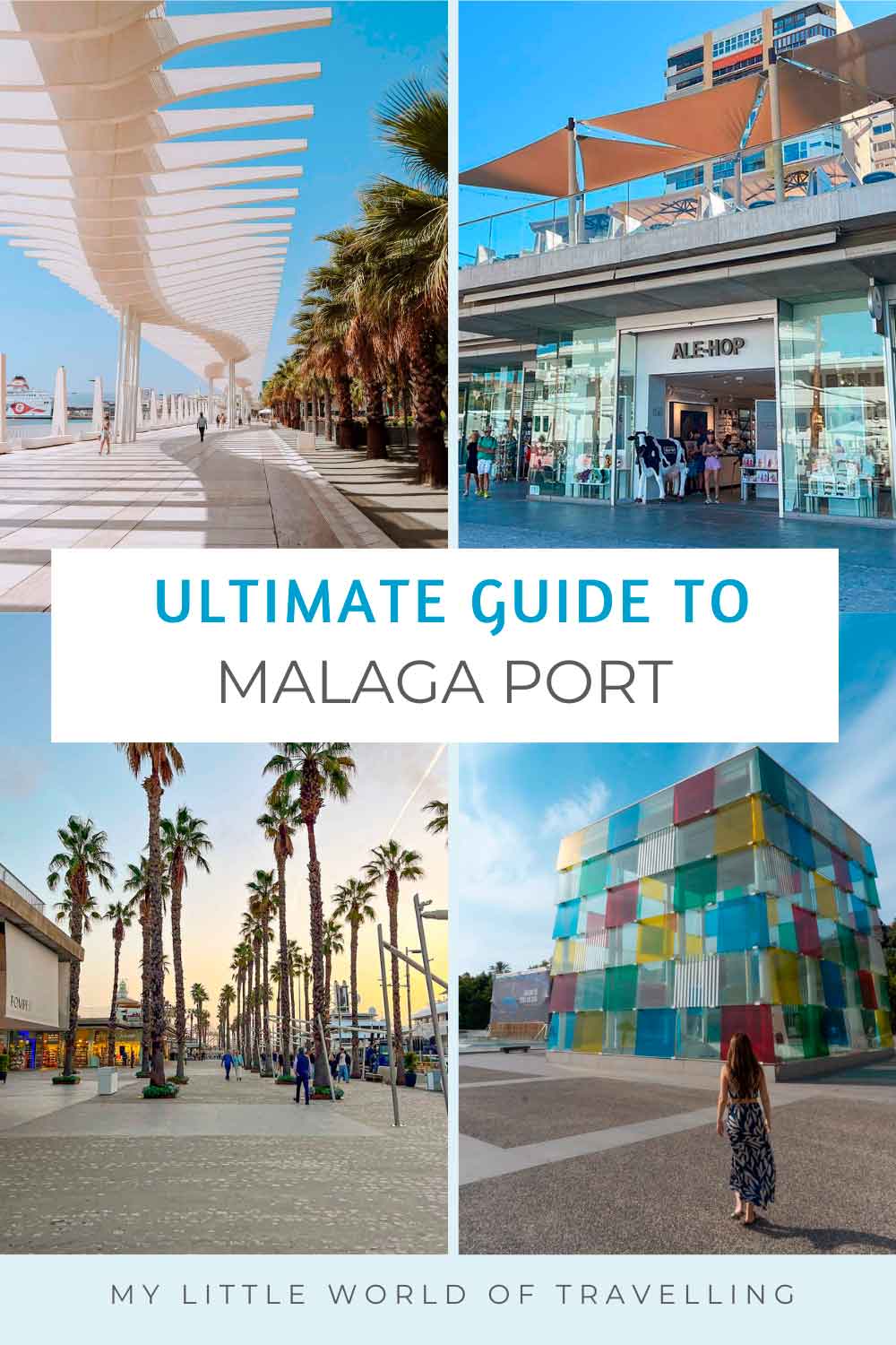 Pinterest pin that shows images of Malaga Port and its attractions.