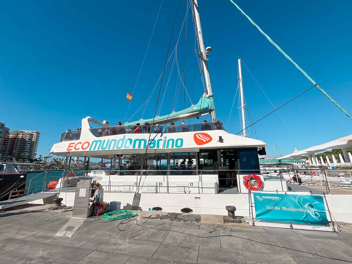 Eco Mundo Marino boat in Muelle Uno, Malaga Port, Spain.