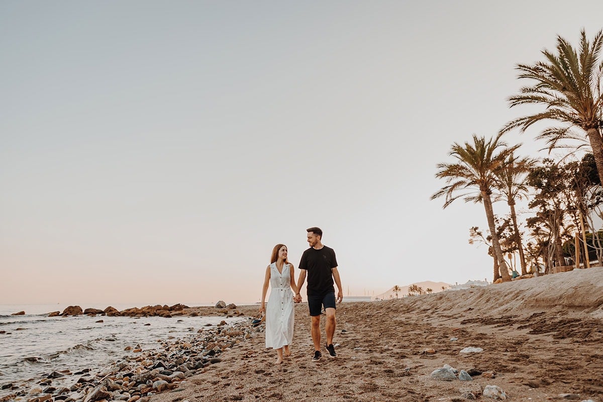 My 6 Top Places to Watch the Sunset in Marbella 2 Engagement photoshoot in Venus Beach, Marbella at sunset.
