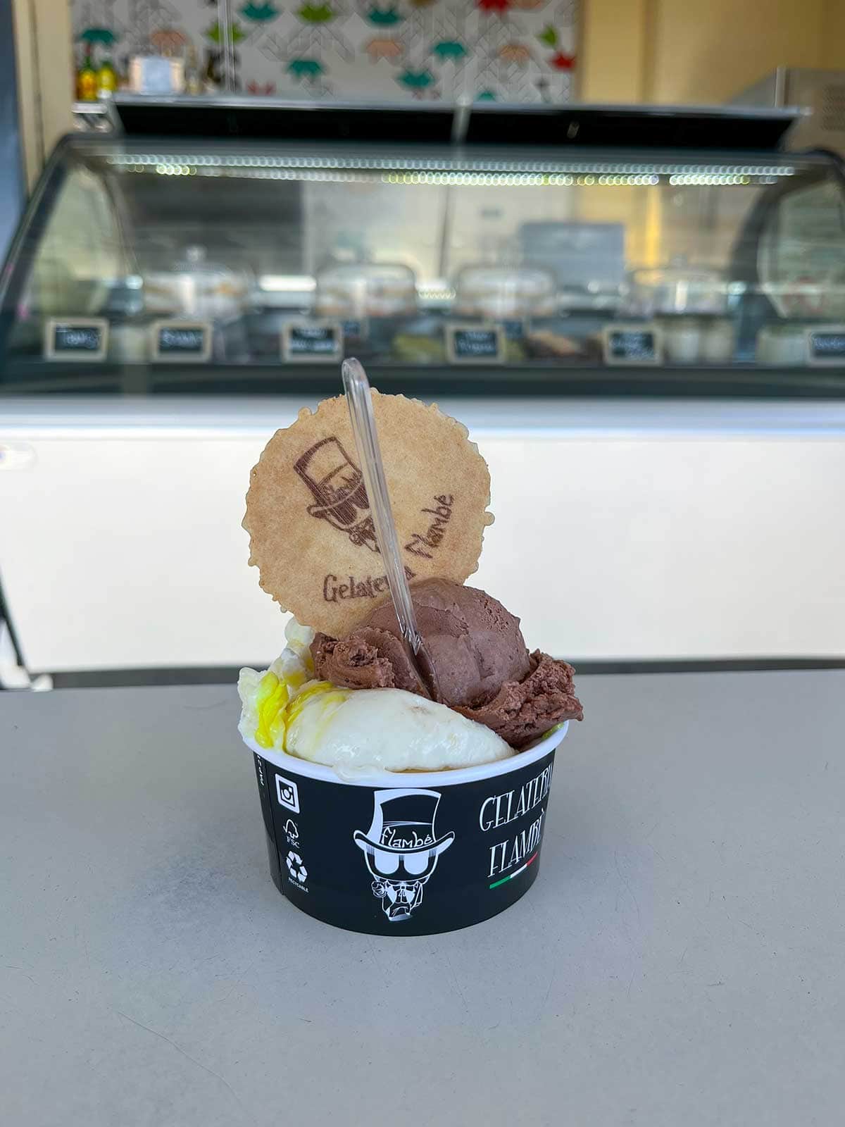 Lemon pie and chocolate ice cream at Gelateria Flambe, Rincon de la Victoria.