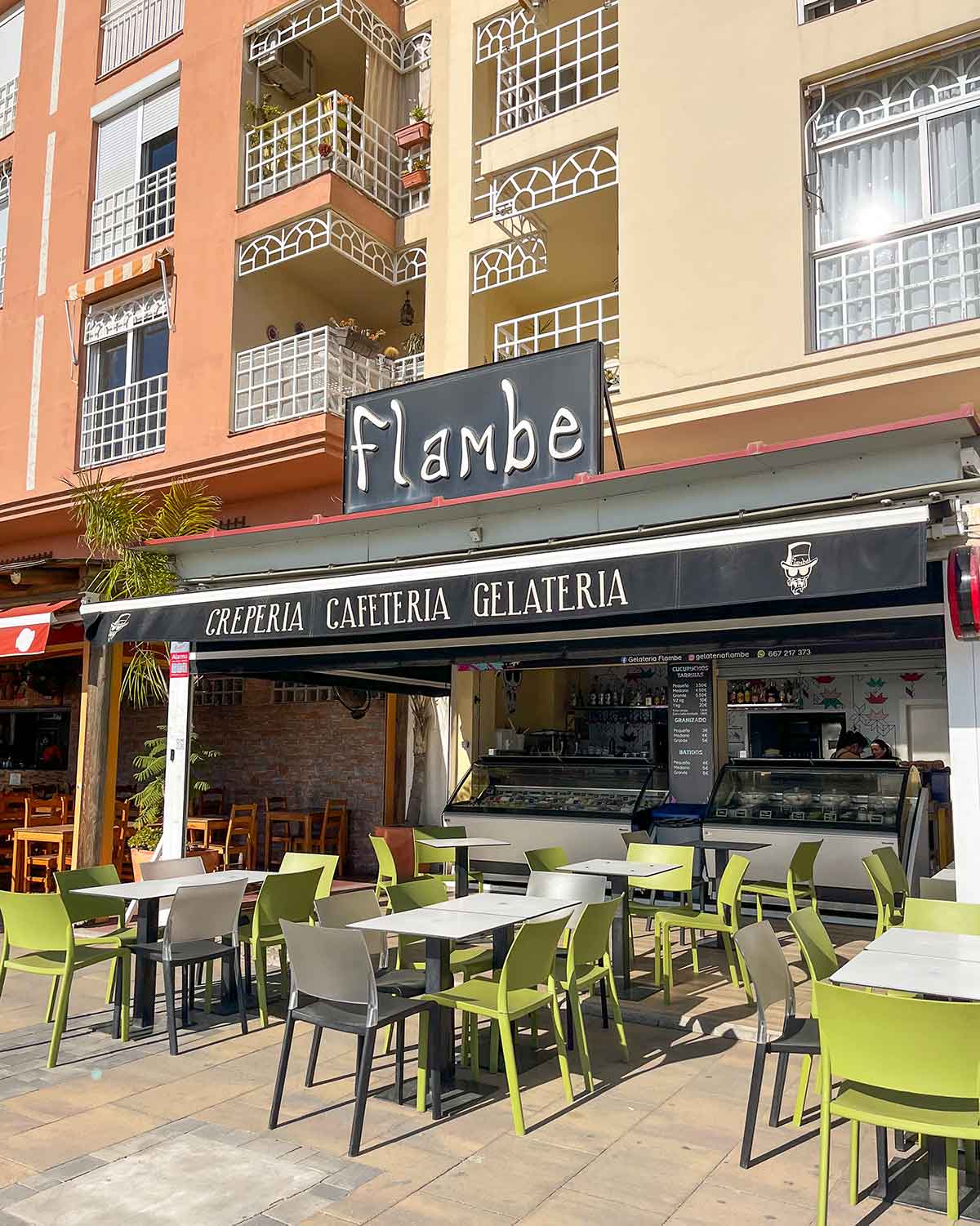 Ice cream parlour Gelateria Flambe in the town of Rincon de la Victoria near Malaga, Spain.