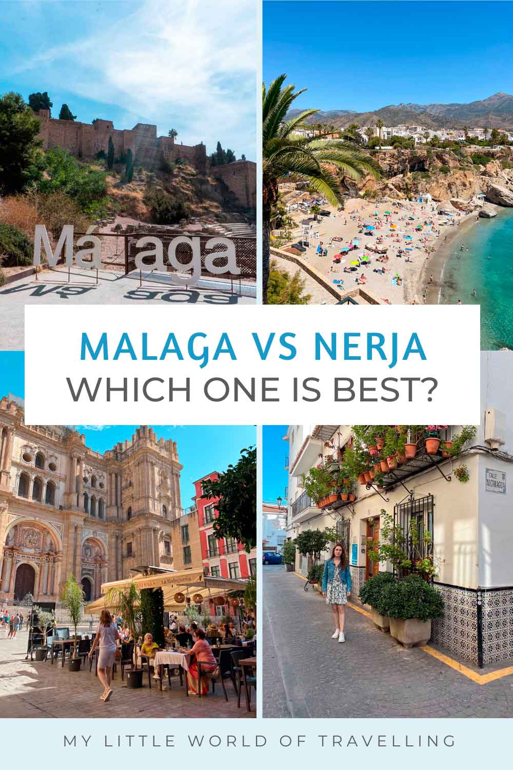 Pinterest pin that shows a collage with four images, two of Nerja and two of Malaga.