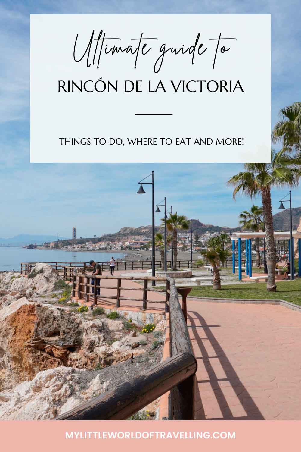 Pinterest pin that shows the beach promenade in rincon de la victoria, malaga, spain.