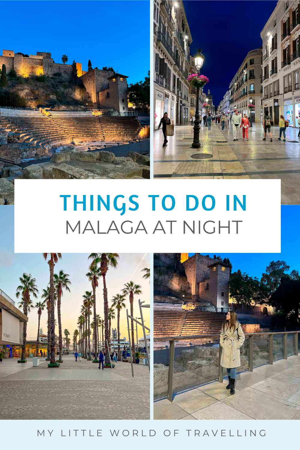 Pinterest pin that shows four images of Malaga at night.
