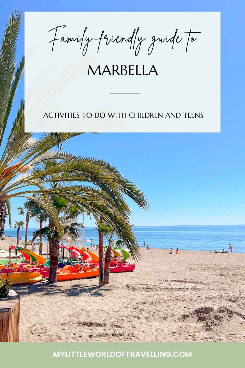 Pinterest pin that shows a family-friendly beach in the centre of Marbella, Spain.
