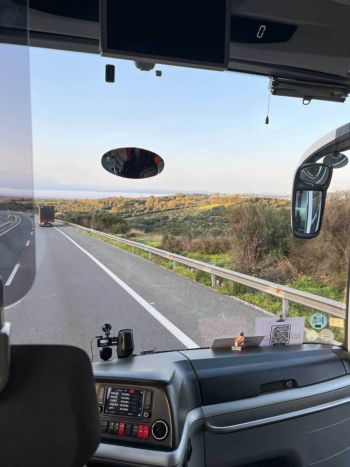 Bus journey from Costa del Sol to Algeciras in the early morning.