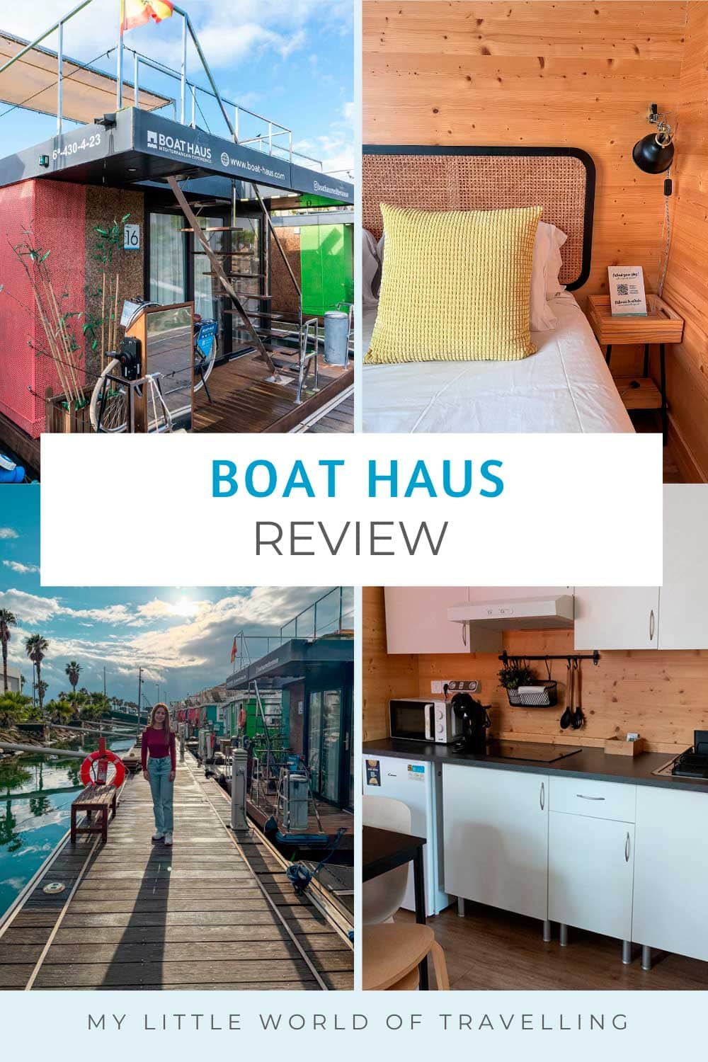My Review Of Boat Haus, The Floating Hotel in Cadiz 1 Pinterest pin that shows photos of Boat Haus boathotel in La Linea.