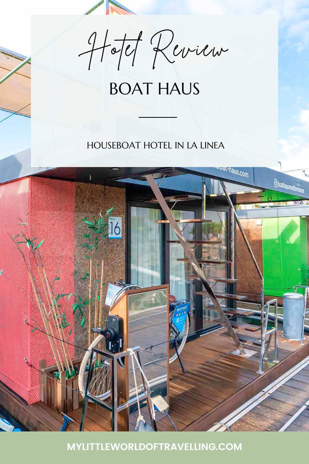 My Review Of Boat Haus, The Floating Hotel in Cadiz 17 Pinterest pin that shows a photo of Boat Haus boathotel in La Linea de la Concepcion, Cadiz.