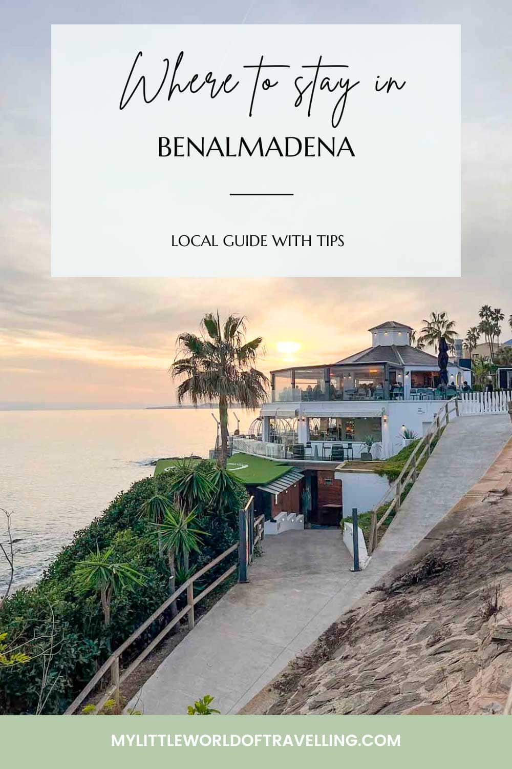 Pinterest pin that shows a restaurant and bar on the beachfront in benalmadena, spain.